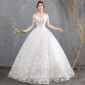 2019 New Off Shoulder Ball Gown Wedding Dress Floor Length Lace Hem Vintage Lace Up Handcraft Crystal Muslim Wedding Dress